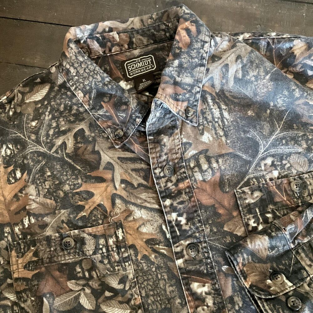 C.E. Schmidt Workwear Shirt Mens XL Brown Camo Hunting Button Front Long Sleeve